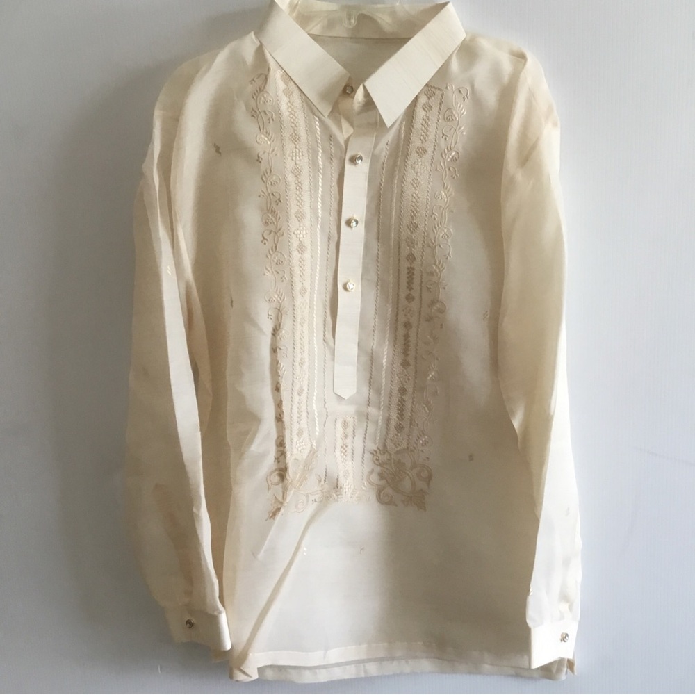 Barong Tagalog Men's Traditional Jeweled Buttons Beige Shirt XL NWOT Embroidered